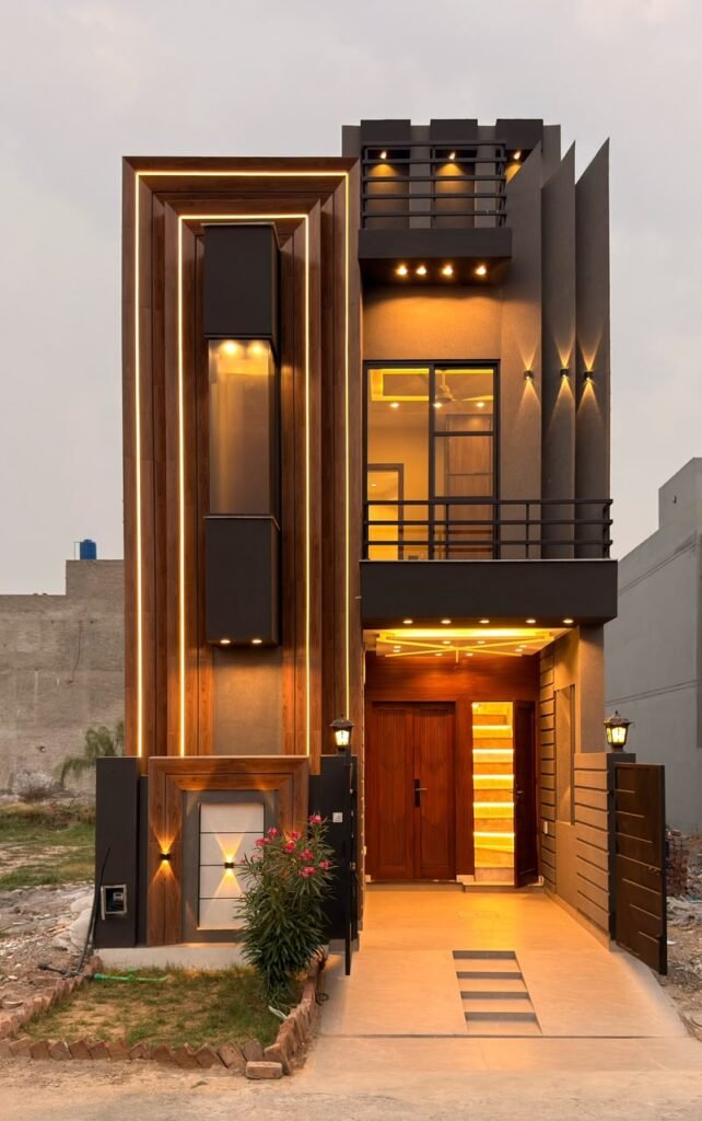 Modern 3 Marla house for sale in Al Kabir Town Lahore with elegant front elevation